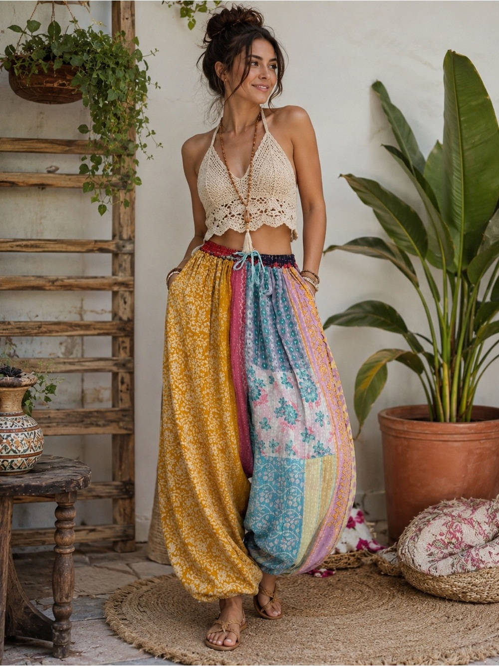 Boho Patchwork Wide-Leg Harem Kantha Pants